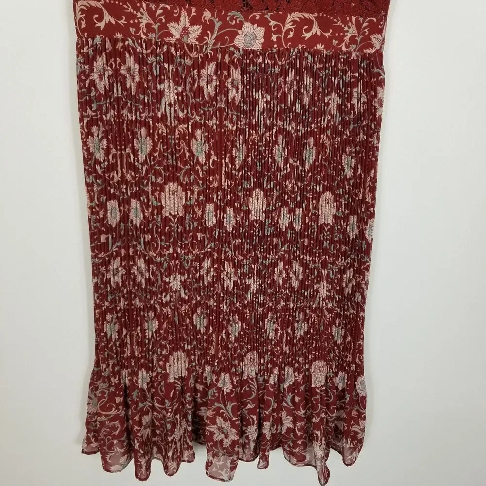 Anthropologie Tracy Reese Women Lace Pleated Midi Dress Size 10 Maroon Cap Sleev